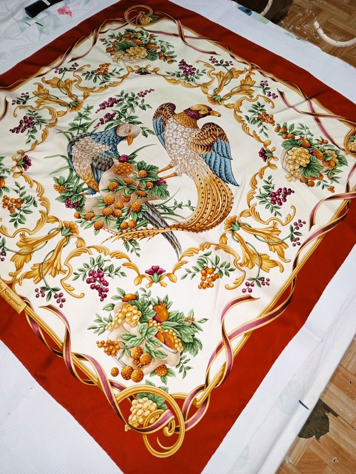 Salvatore Ferragamo SALVATORE FERRAGAMO Italy Bird Holiday Theme Silk Scarf Size ONE SIZE - 3 Thumbnail