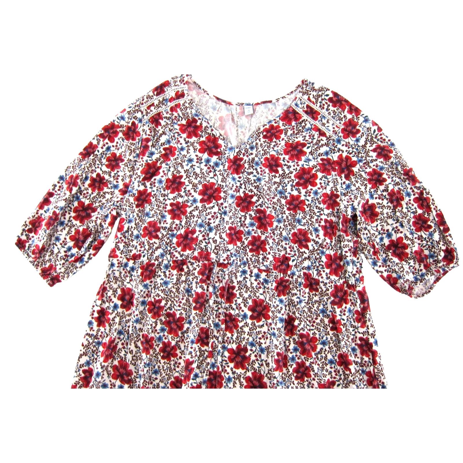 Old Navy Old Navy 100% Rayon Red Floral V-Neck 3/4 Sleeve Midi Smock Dress Plus 4X Size XXL / US 16-18 / IT 52-54 - 4 Thumbnail