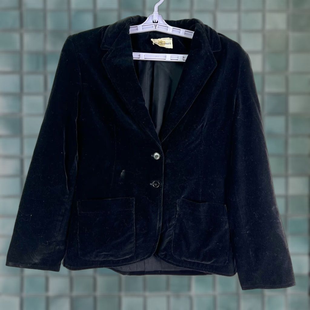 Velvet VINTAGE St. James Blazer Jacket Womens S Black Velvet Notch Single-Breast Two-Button Tailored Stretch Size S / US 4 / IT 40 - 1 Thumbnail