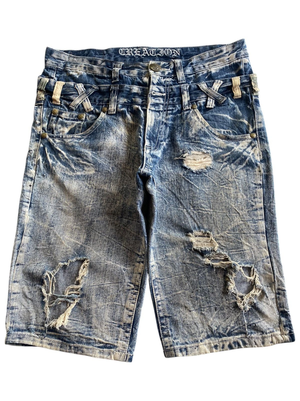 Skull Jeans by an Alchemist Deluxe Creation Skull Double Waist Distressed Short Jeans Size US 34 / EU 50 - 1 Thumbnail