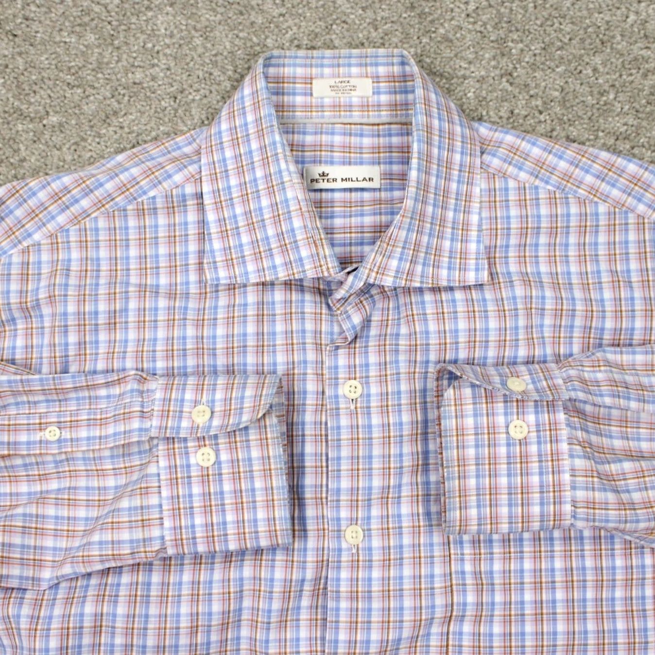 Peter Millar Peter Millar Mens Large Blue/Orange Checkered 100% Cotton Long Sleeve Button-Down Shirt Size US L / EU 52-54 / 3 - 2 Thumbnail