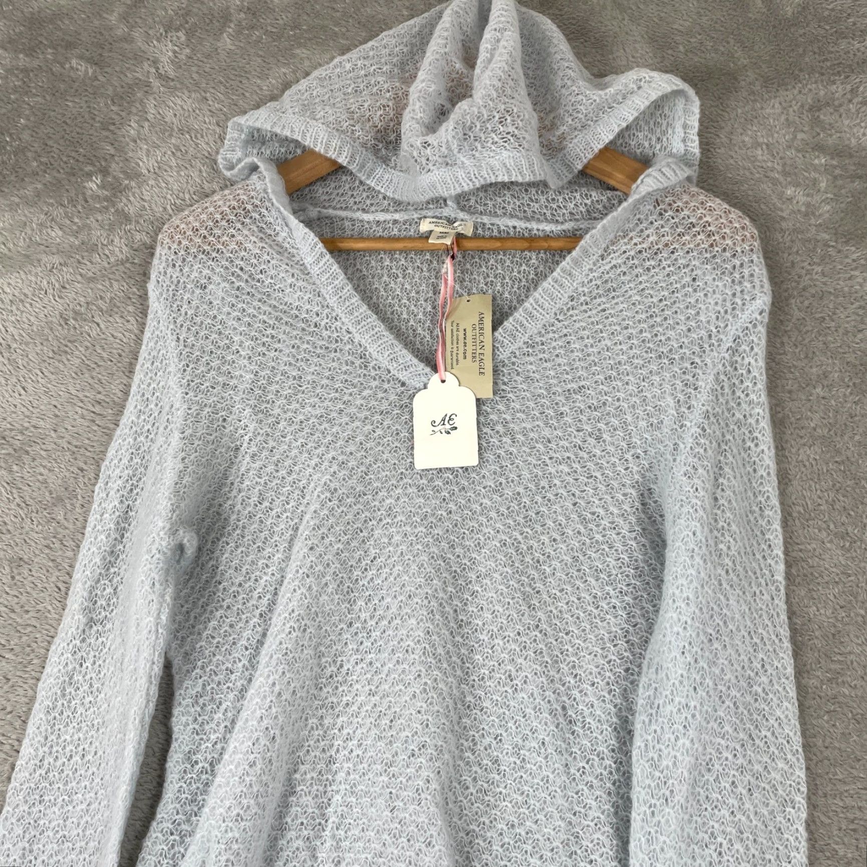 American Eagle Outfitters VINTAGE American Eagle Hoodie Sweater Womens Medium Blue Mohair Wool Open Knit Y2K NEW Size M / US 6-8 / IT 42-44 - 3 Thumbnail