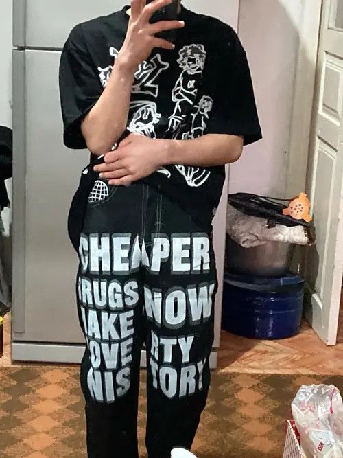Jean Y2K Black Jeans Hip Hop Letter Printed Pants Size US 35 - 2 Thumbnail