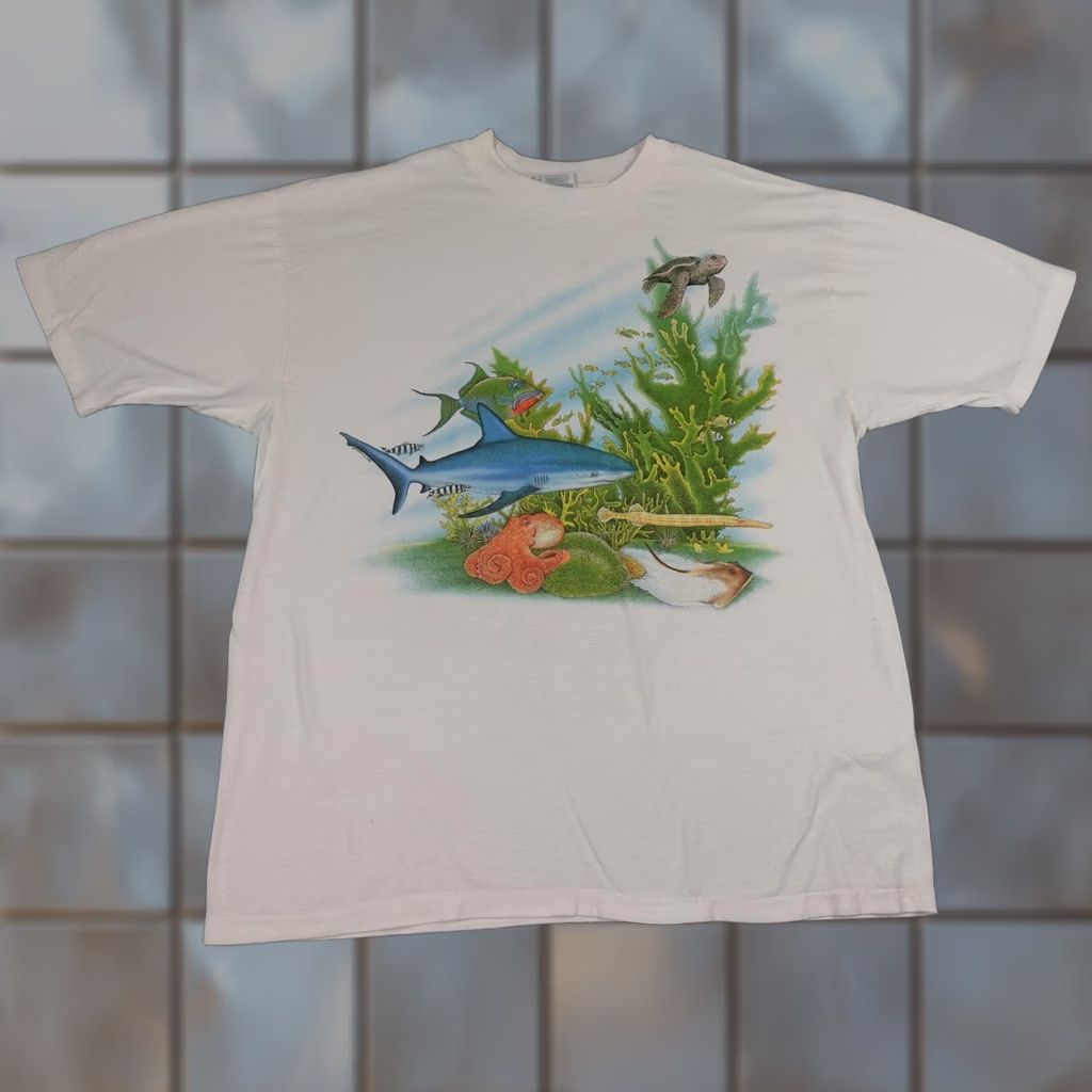 Hanes VINTAGE Hanes Ocean Shirt Mens L White Double-Sided Graphic Tee 80s Fish Beach Marine Nature 80s Mens Size US L / EU 52-54 / 3 - 1 Thumbnail