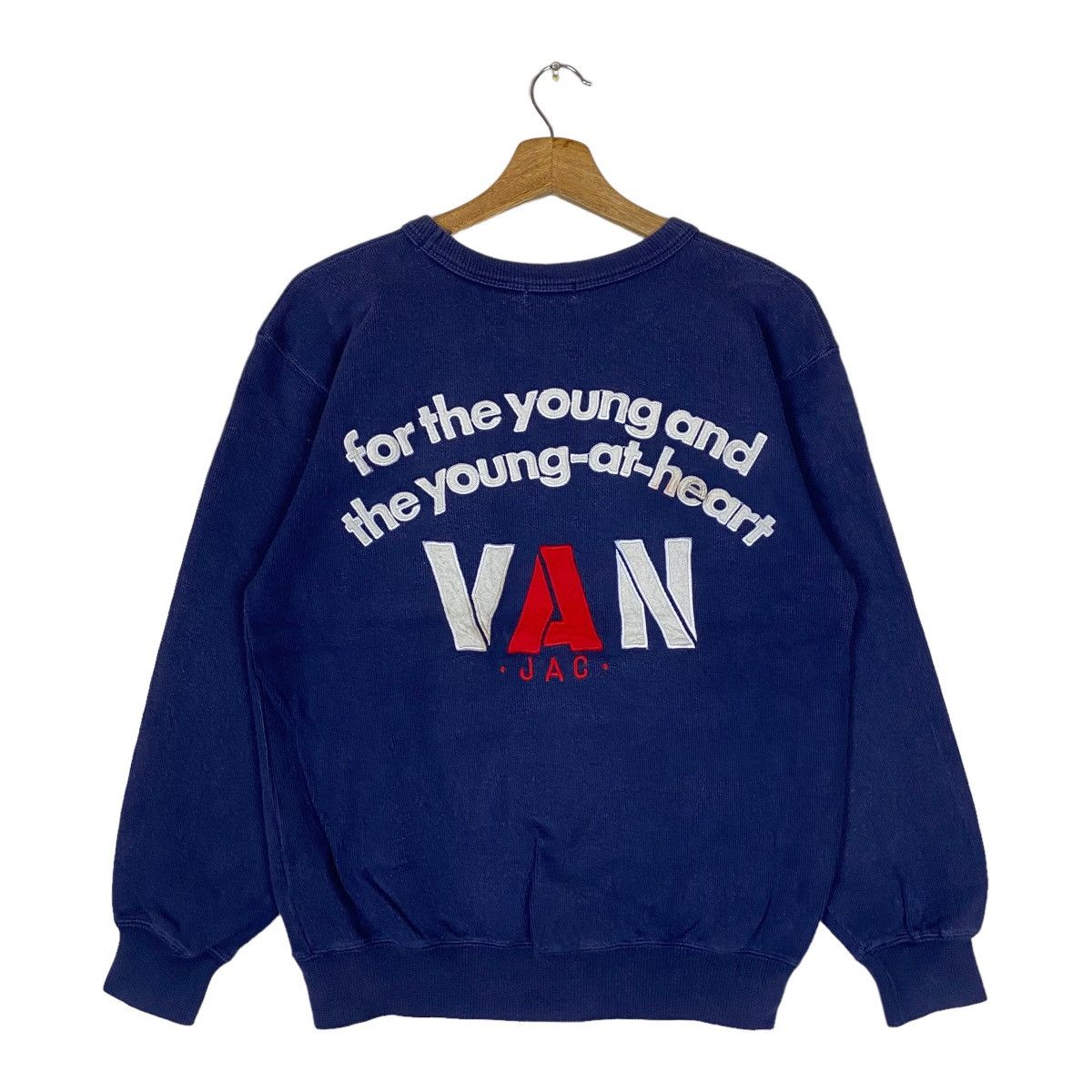 image of Vintage Van Jac Spell Out Pullover Jumper Sweatshirt in Blue, Men's (Size Medium)
