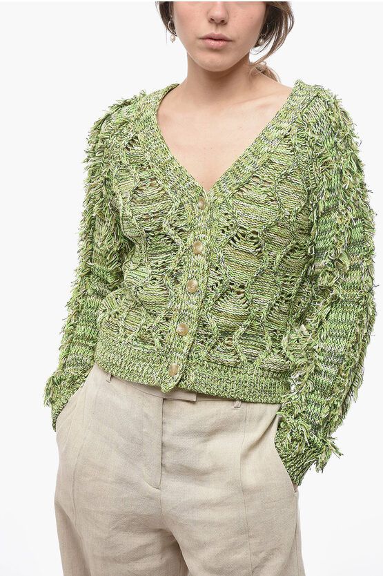 image of Andersson Bell V-Neck Cable Knit Cardigan With Fringed Details in Green, Women's (Size Small)