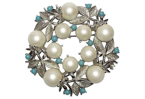 Designer Sarah Coventry Costume Silver Tone Simulate Pearl Wreath Pin Size ONE SIZE - 1 Thumbnail