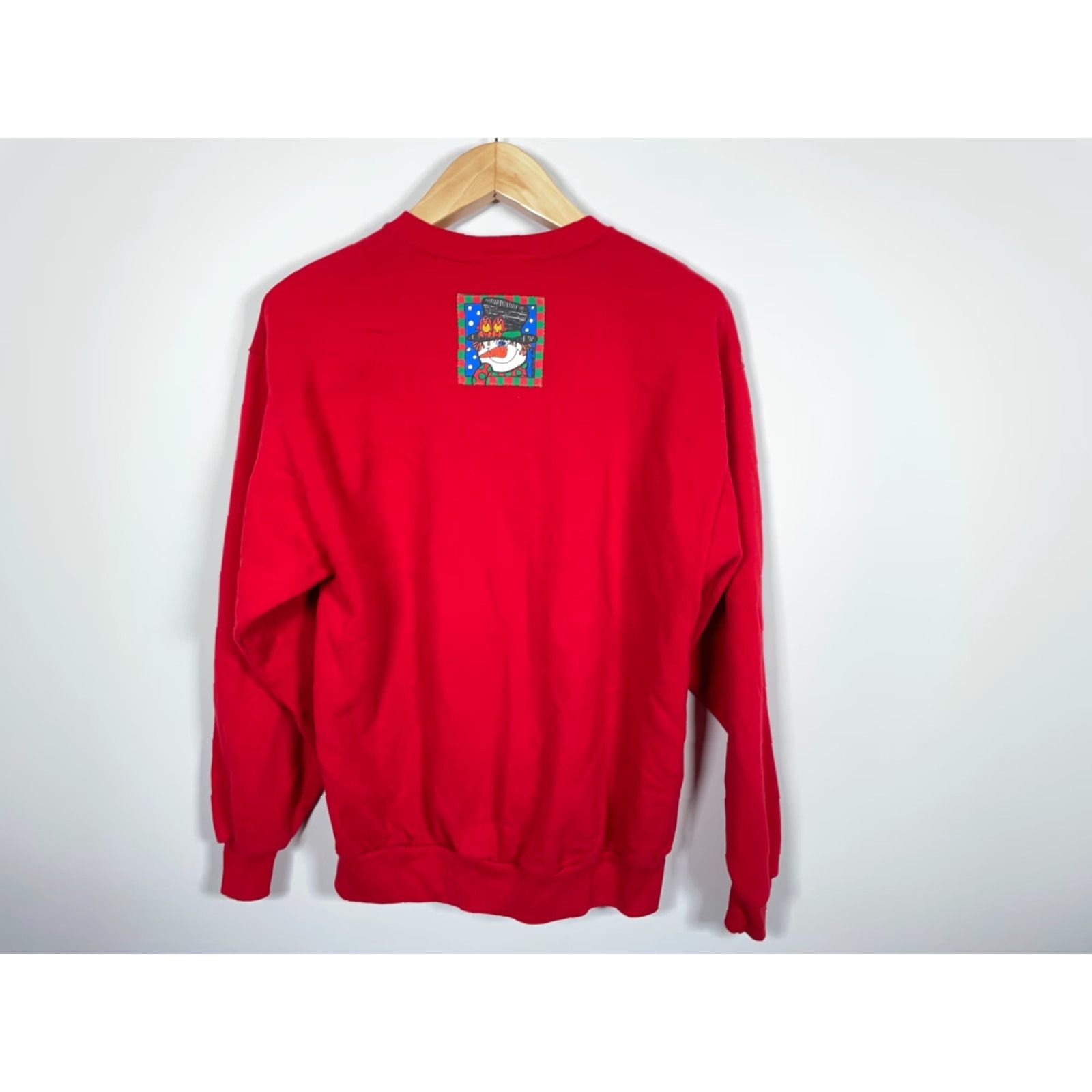 VINTAGE Zoodles 90s Christmas Snowman Sweatshirt Adult L Red Crewneck Geometric Graphic Print Pullover