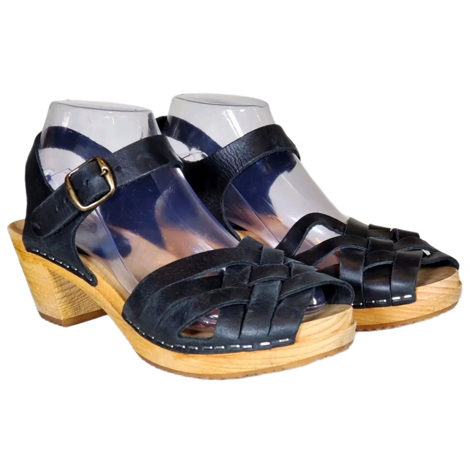 Vintage Moheda Betty Black Leather Classic Swedish Wooden Clog Sandals Women's US 8.5 EU 39 Size US 9 / IT 39 - 2 Thumbnail