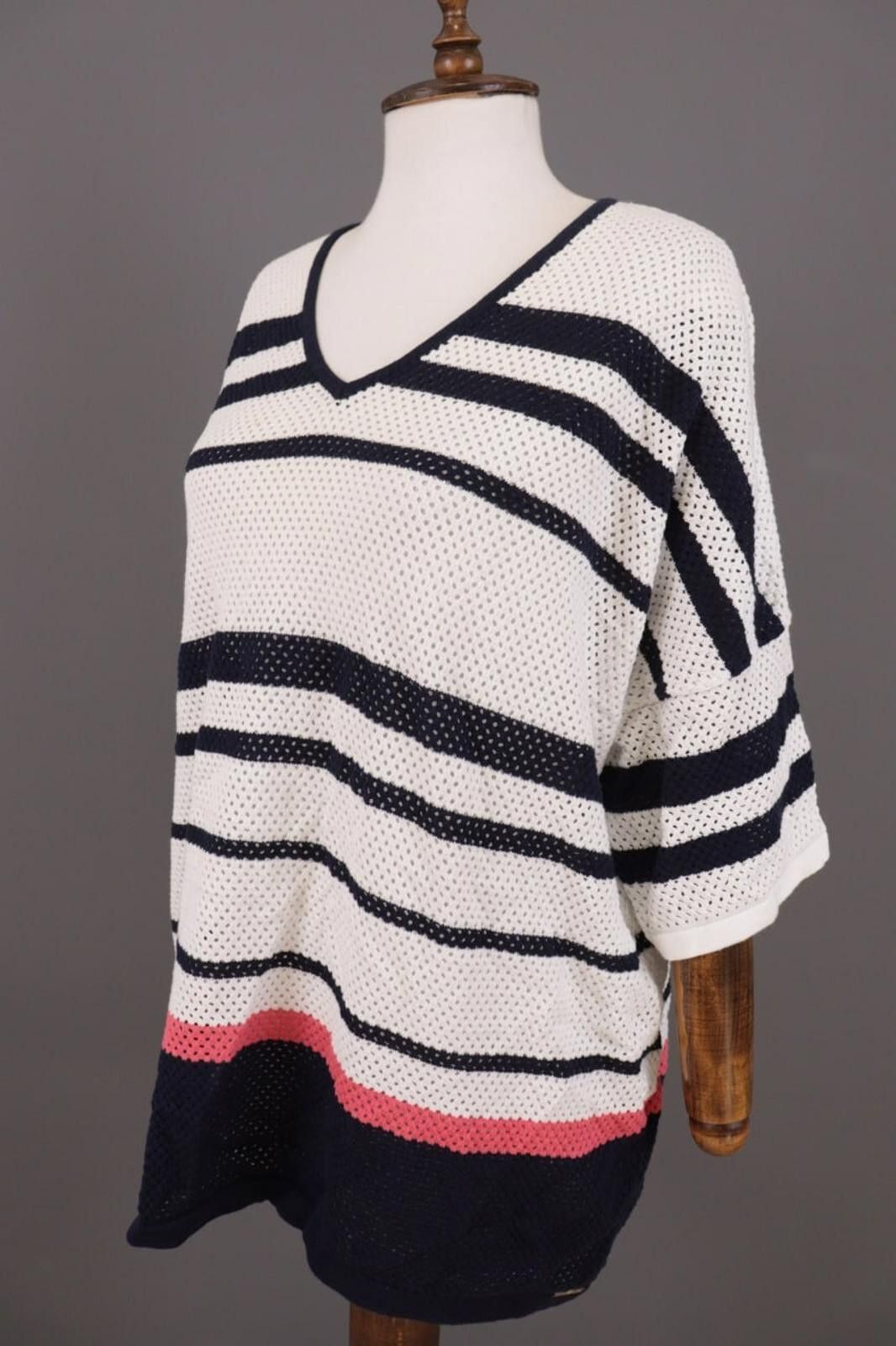 Saint James Saint James White Striped V-Neck Tunic Shirt Size US 18 LXL Size XXL / US 16-18 / IT 52-54 - 6 Thumbnail