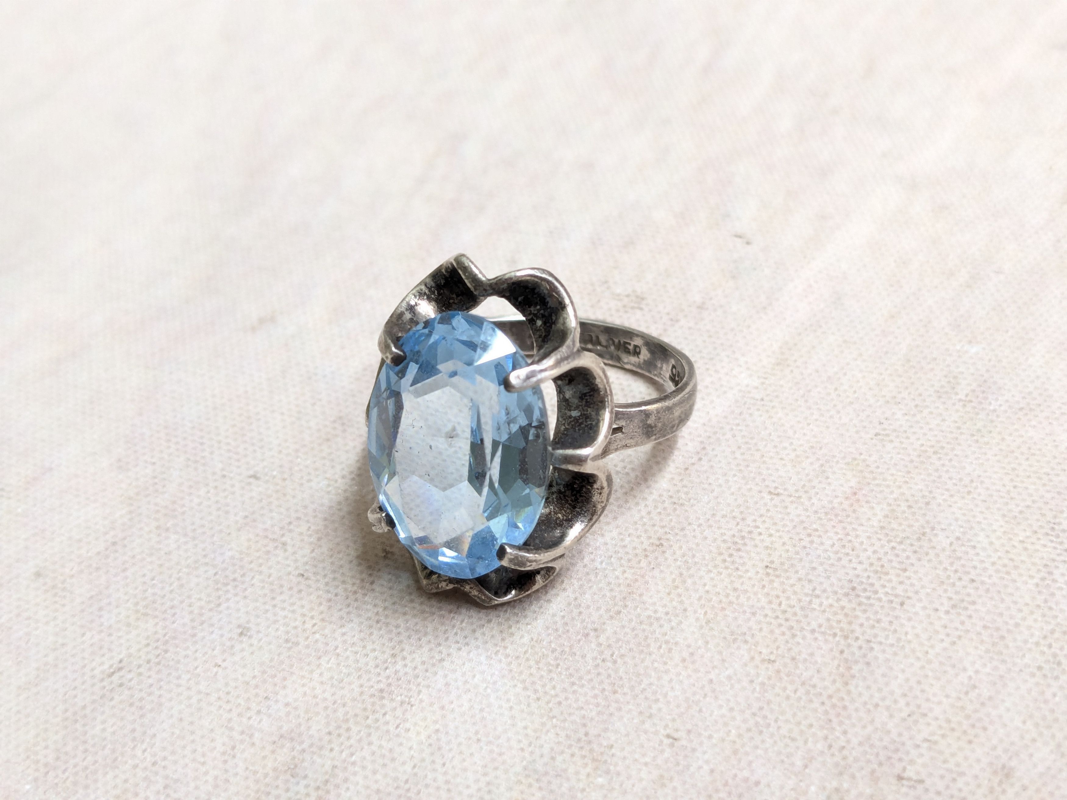 Jewelry Vintage Sterling Silver Ring Blue Glass 9.5 Oval Cocktail Size ONE SIZE - 4 Thumbnail