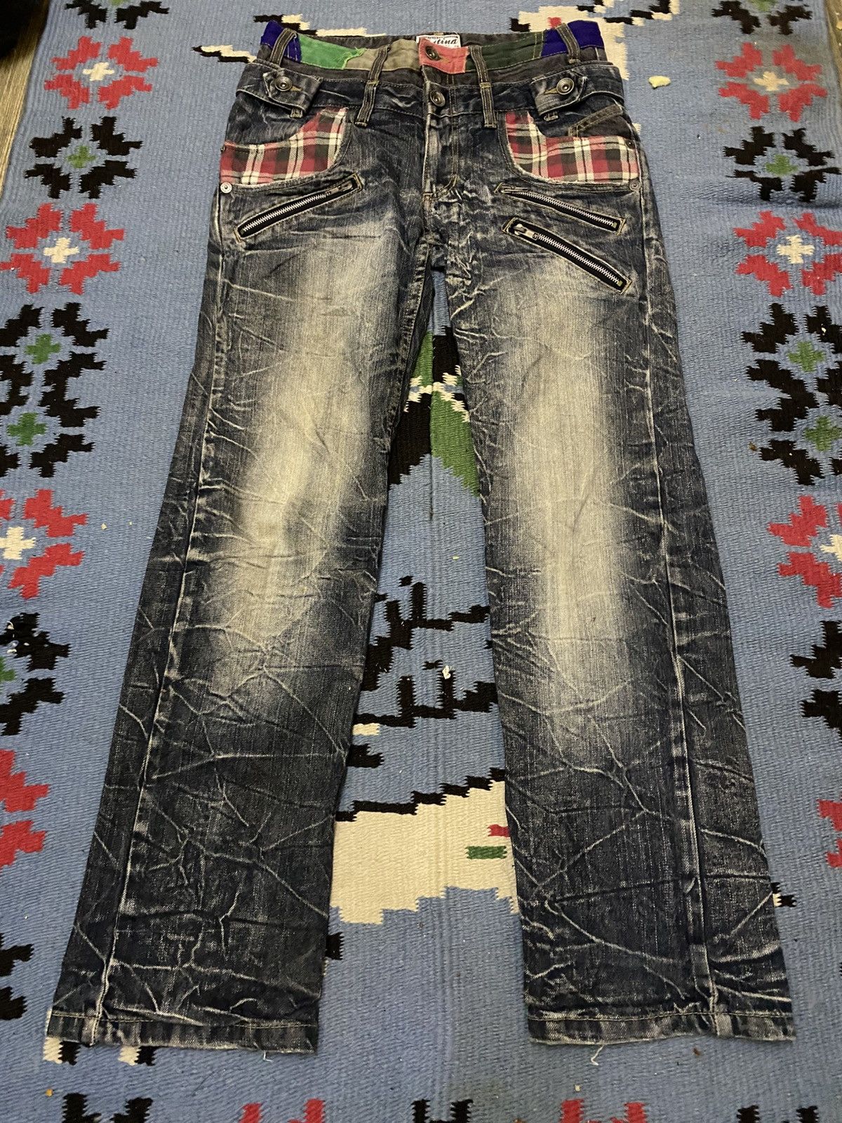 Japanese Brand DISTRESSED DENIM PATINA DOUBLE WAIST LIGHTNING SPARK JEAN Size US 30 / EU 46 - 1 Thumbnail
