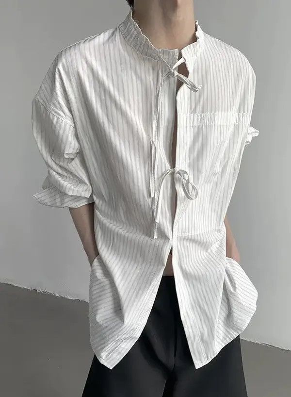 VIBE Cleanfit retro bow tie front pinstripe shirt Size US XL / EU 56 / 4 - 6 Thumbnail