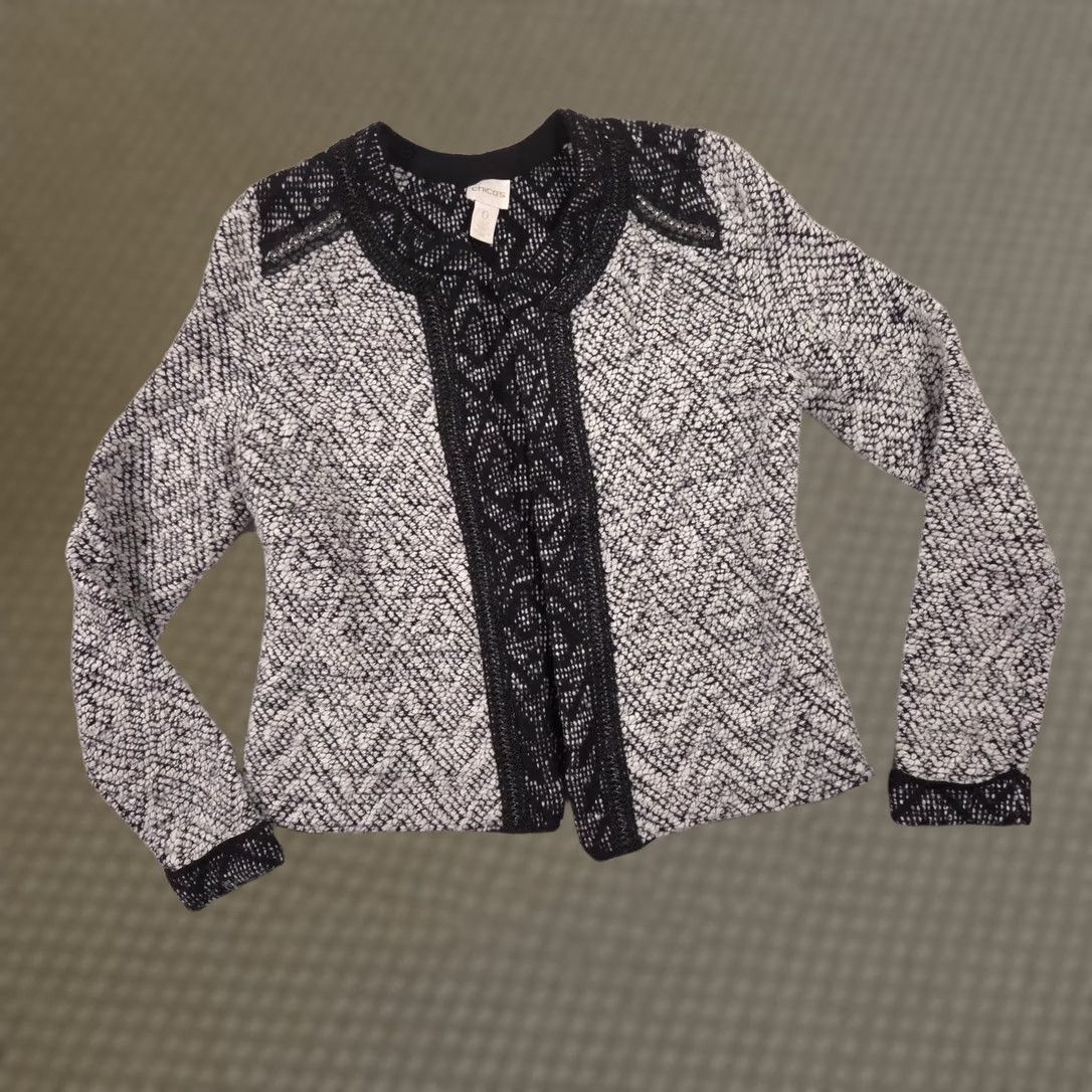 Vintage Chico's Cardigan Sweater Womens 0 Gray Beaded Open Front Geometric Chunky Knit Size XS / US 0-2 / IT 36-38 - 1 Thumbnail