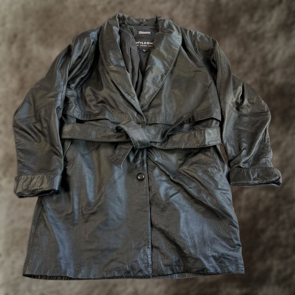 Vintage VTG Wilsons Leather Coat Women's Medium Black Belted Trench 3M Thinsulate Lined Size M / US 6-8 / IT 42-44 - 1 Thumbnail