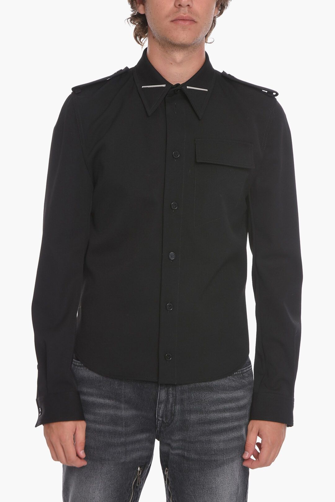 Bottega Veneta WOOL-GRAIN-DE-POUDRE MILITARY SHIRT WITH TRIANGLE DETAIL Size US XL / EU 56 / 4 - 1 Thumbnail