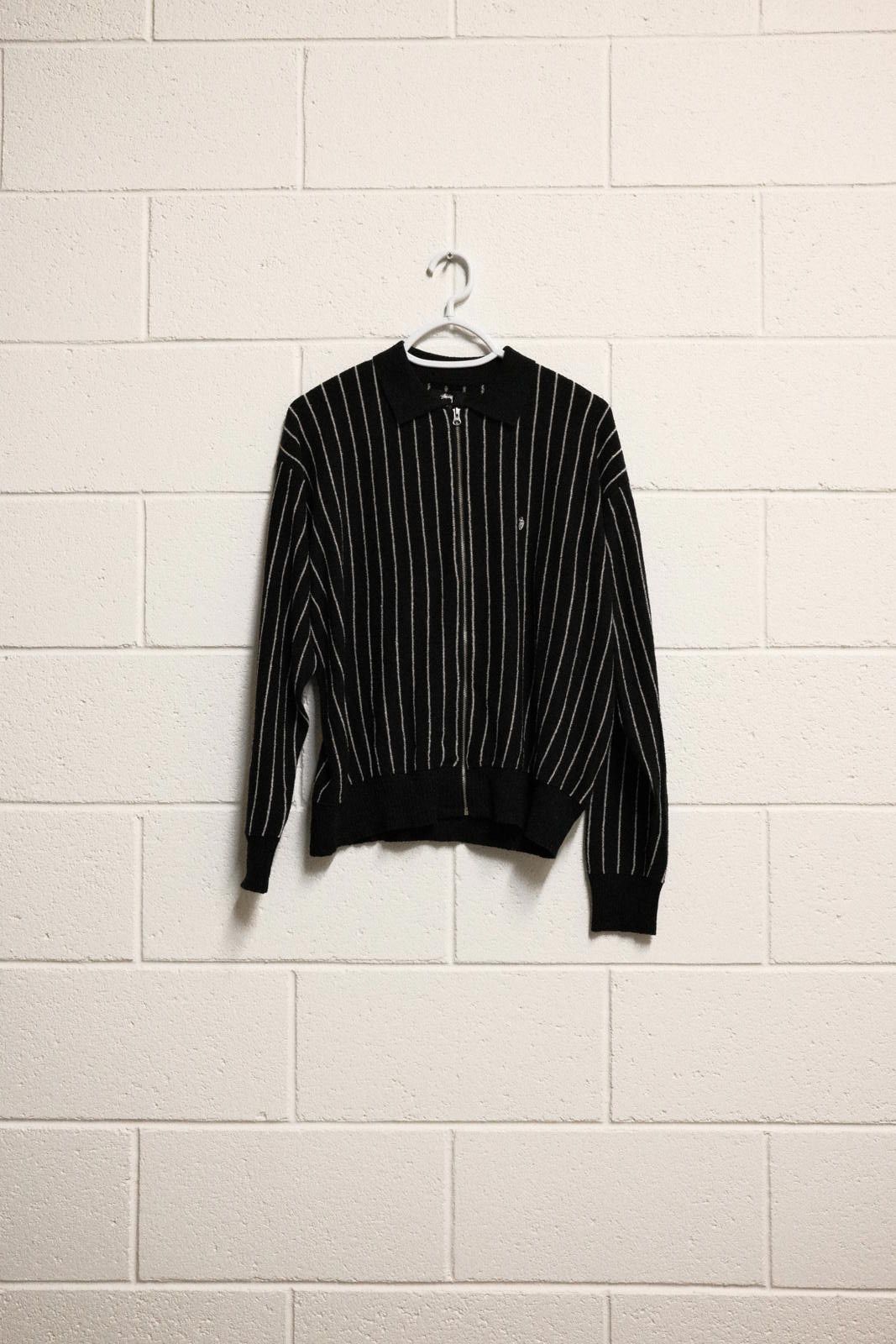 Unknown London Stussy - Black Pinstripe Zip-Up Sweater Jacket - SMALL Size US M / EU 48-50 / 2 - 1 Thumbnail