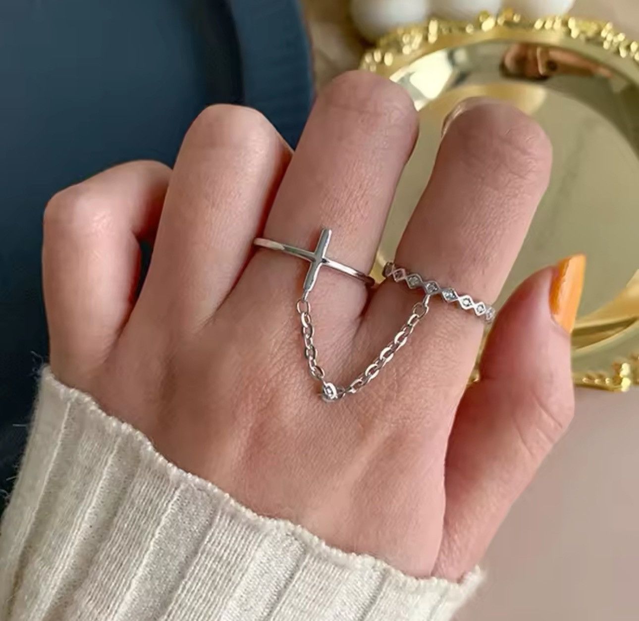 Jewelry × Vintage Geometric Double Ring Cross Chain Open Ring Size ONE SIZE - 1 Thumbnail