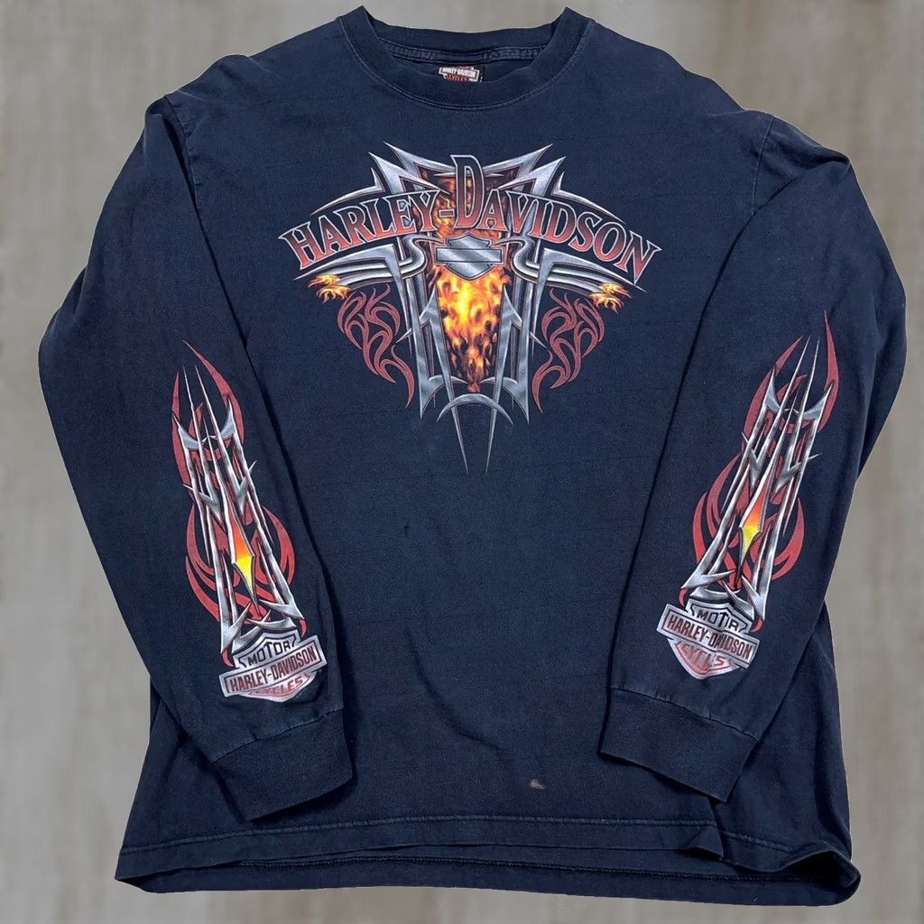 Harley Davidson Harley-Davidson Shirt Mens Large Black Graphic Print Vintage 90s Tattoo Logo Long Sleeve Crew Neck Fires Flames Biker USA Size US L / EU 52-54 / 3 - 1 Thumbnail