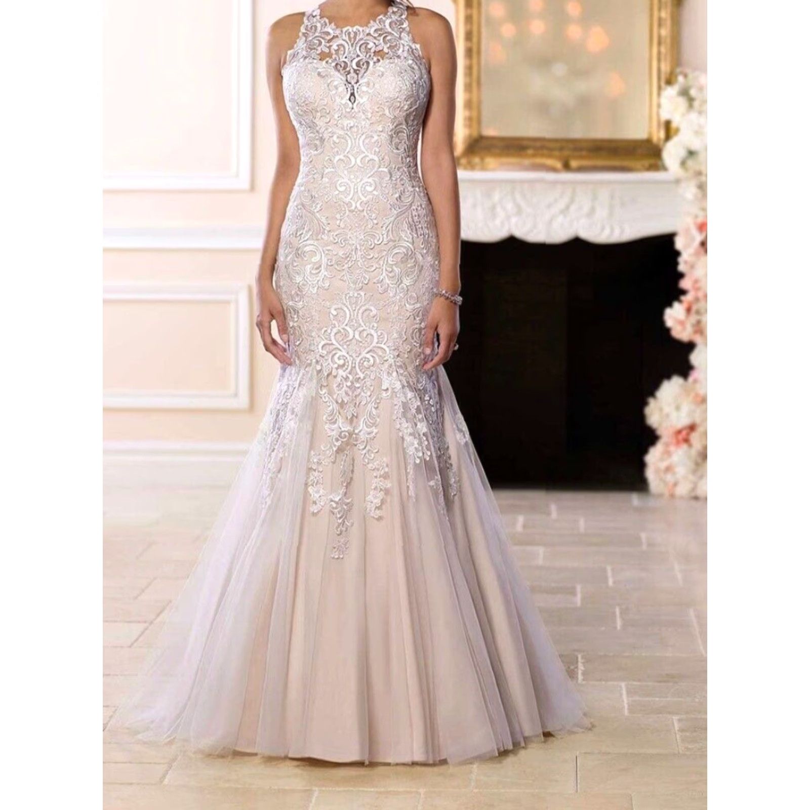 Vintage Stella York 6600 Mermaid Wedding Dress Halter Neckline Size 16 Ivory Lace Crystal Dams Ruffles Sleeveless Full-Length Ball Gown Sample Womens Size ONE SIZE - 4 Thumbnail