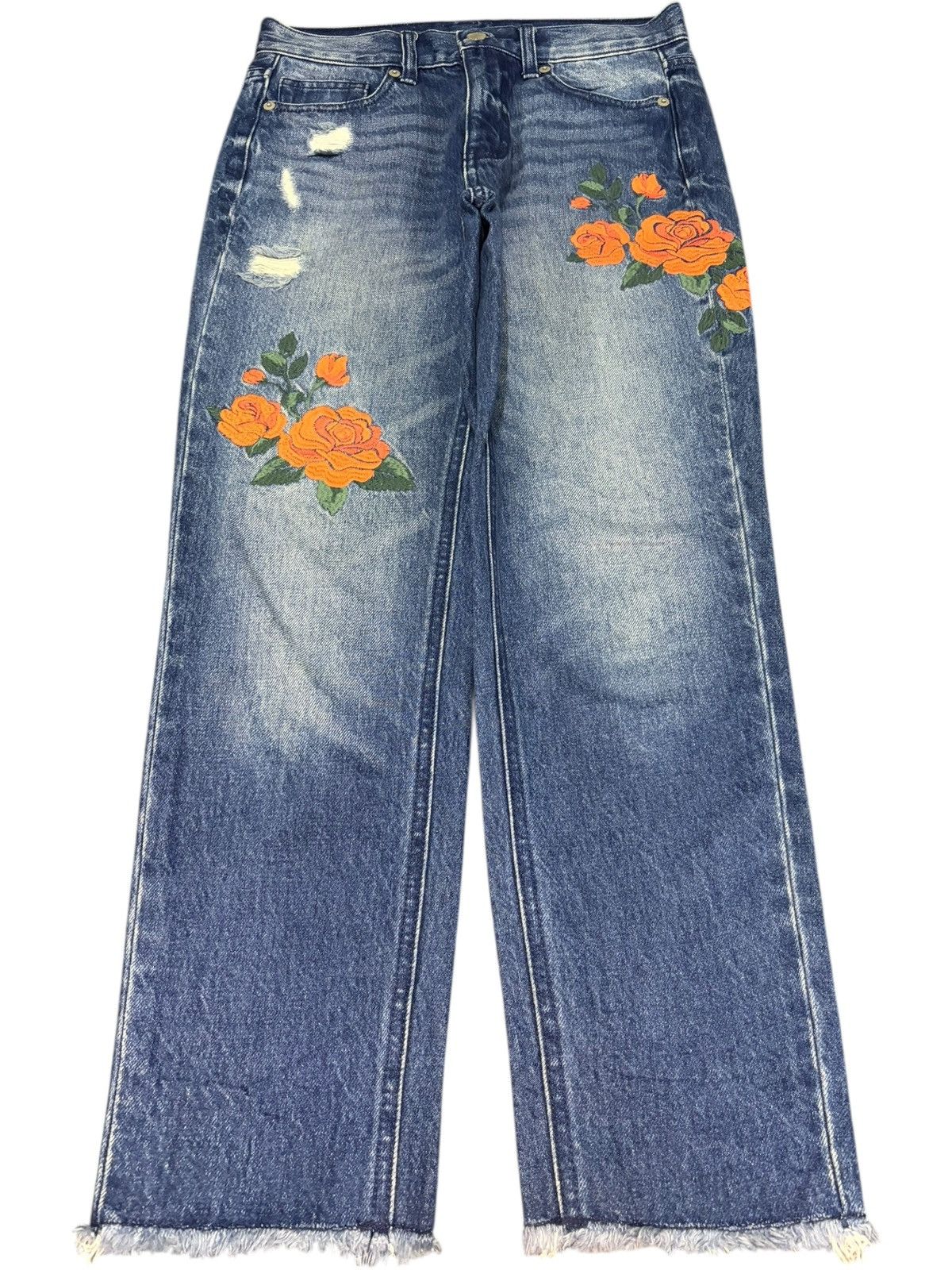 GU Vintage GU Embroidery Faded Wash Distressed Jeans Size 28" / US 6 / IT 42 - 1 Thumbnail