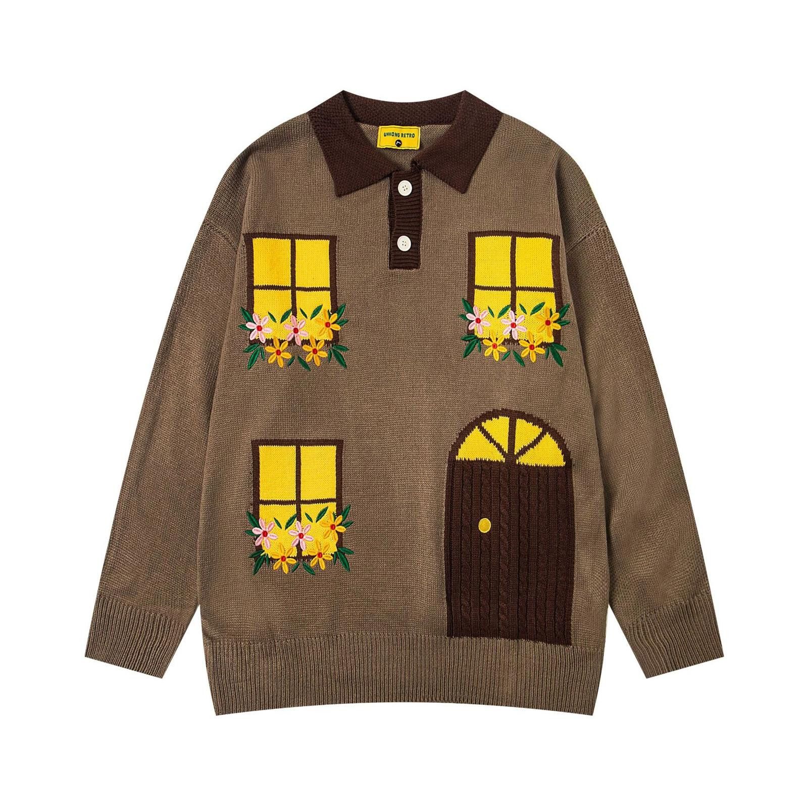 Vintage Brown Knit Sweater with Floral Window Design Size US M / EU 48-50 / 2 - 1 Thumbnail