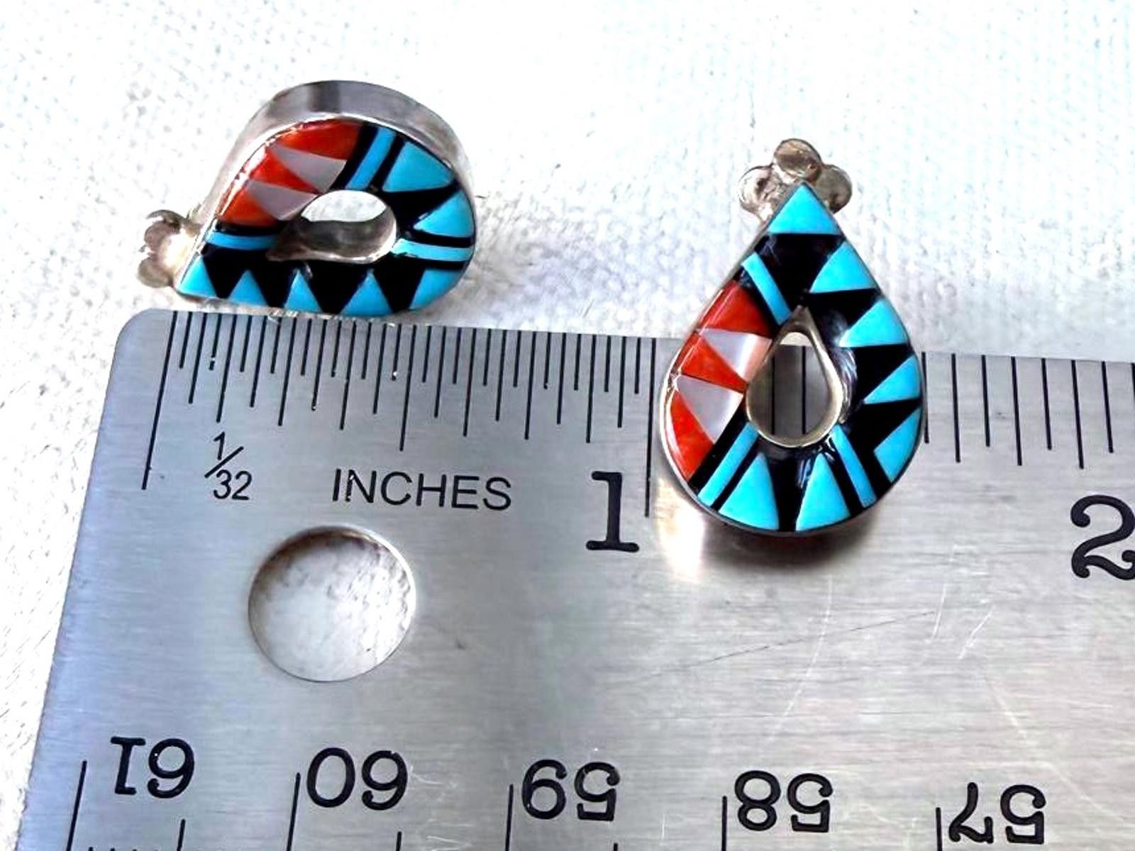 Vintage VTG LAAHTY Zuni Handmade Turquoise Silver 925 Inlay Earrings Size ONE SIZE - 5 Thumbnail