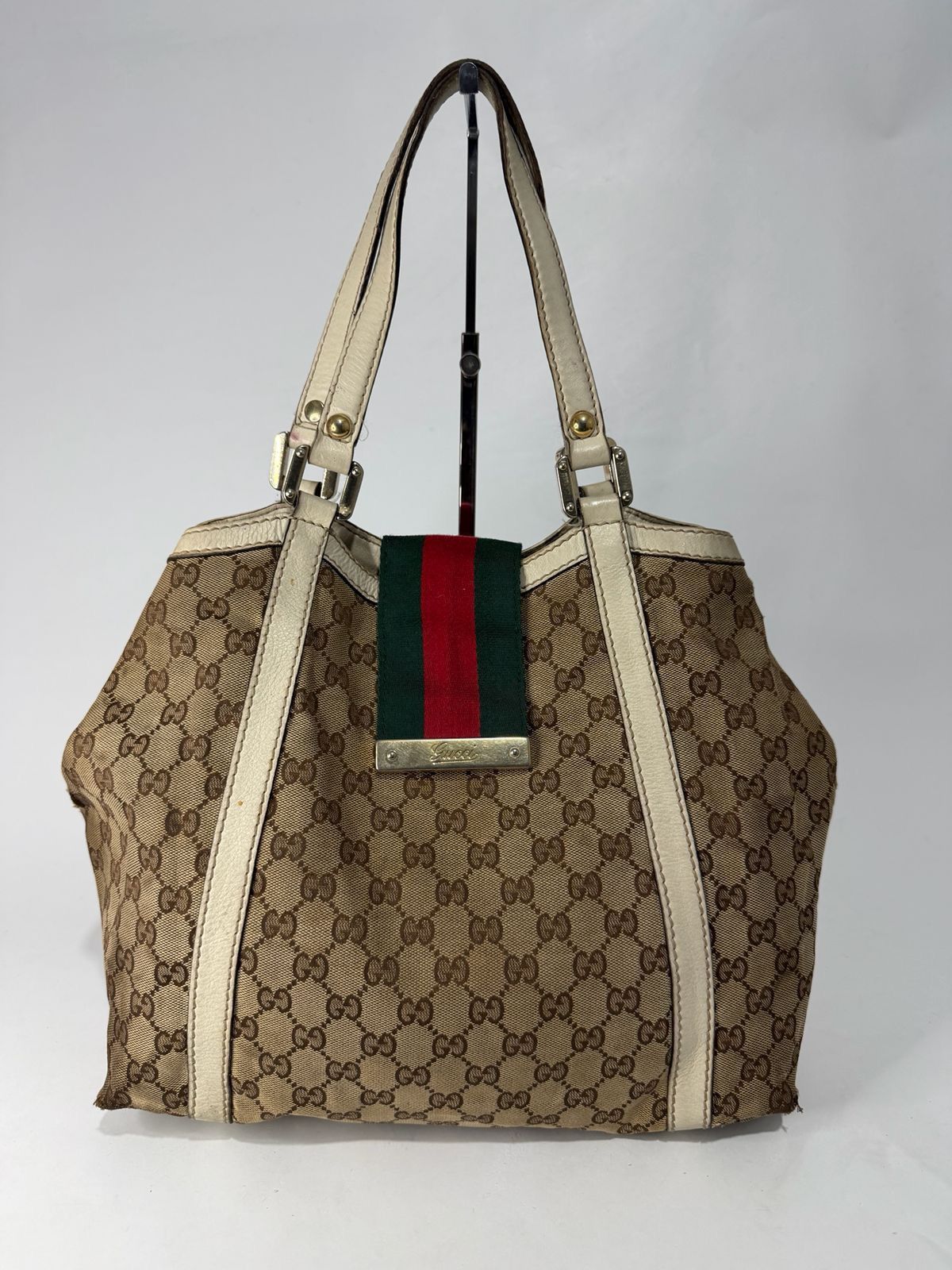 Gucci Gucci BeigeWhite GG Canvas Leather Medium Ladies Web Tote Size ONE SIZE - 1 Thumbnail