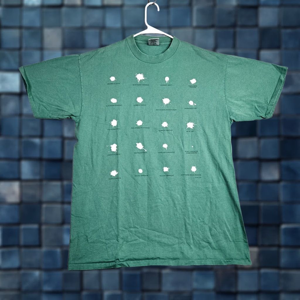 Vintage Oneita VTG 90s Bird Poop Graphic Short Sleeve Tee Men's XL Size Regular Green Cotton T-Shirt Size US 31 - 1 Thumbnail