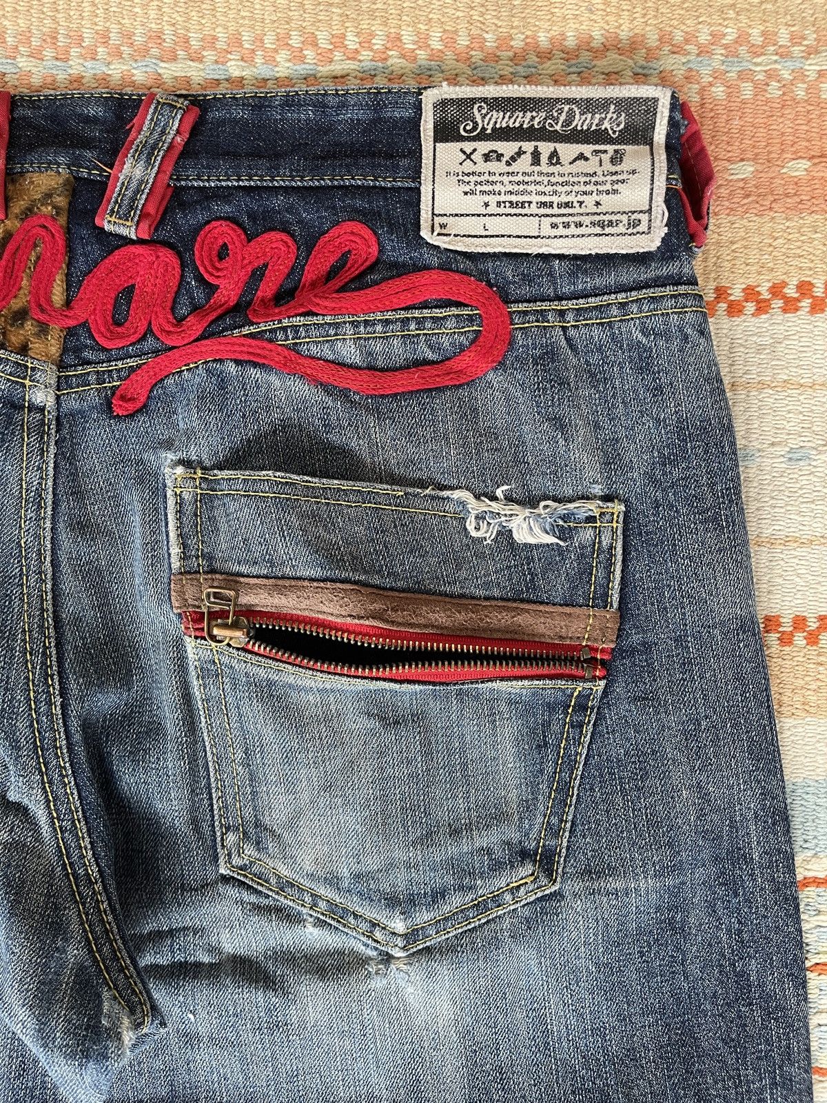 If Only Was True Very rare🔥SQUARE DARK🔥Embroidery Selvedge Distressed Jeans Size US 35 - 16 Thumbnail