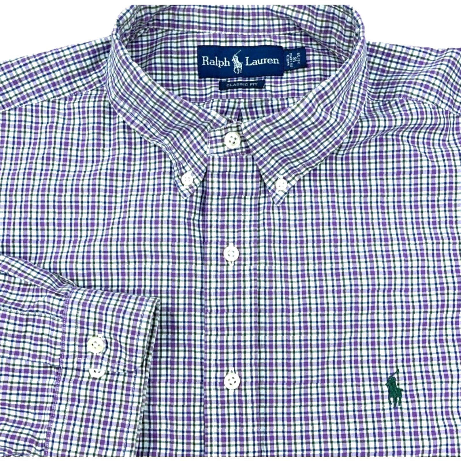 Ralph Lauren Ralph Lauren Shirt Men Button-Up 18 34 Purple Green Plaid OCBD XXL Size US XXL / EU 58 / 5 - 2 Thumbnail