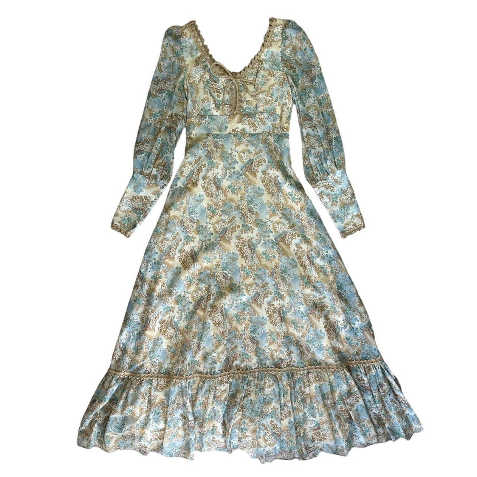 Vintage 70s vintage prairie dress victorian cream green blue lace Size M / US 6-8 / IT 42-44 - 1 Thumbnail