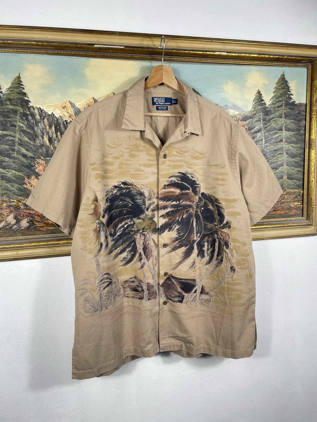 Polo Ralph Lauren × Ralph Lauren × Vintage Polo Ralph Lauren Biege Plam Tree Camp Vintage 90s Shirts Size US L / EU 52-54 / 3 - 4 Thumbnail
