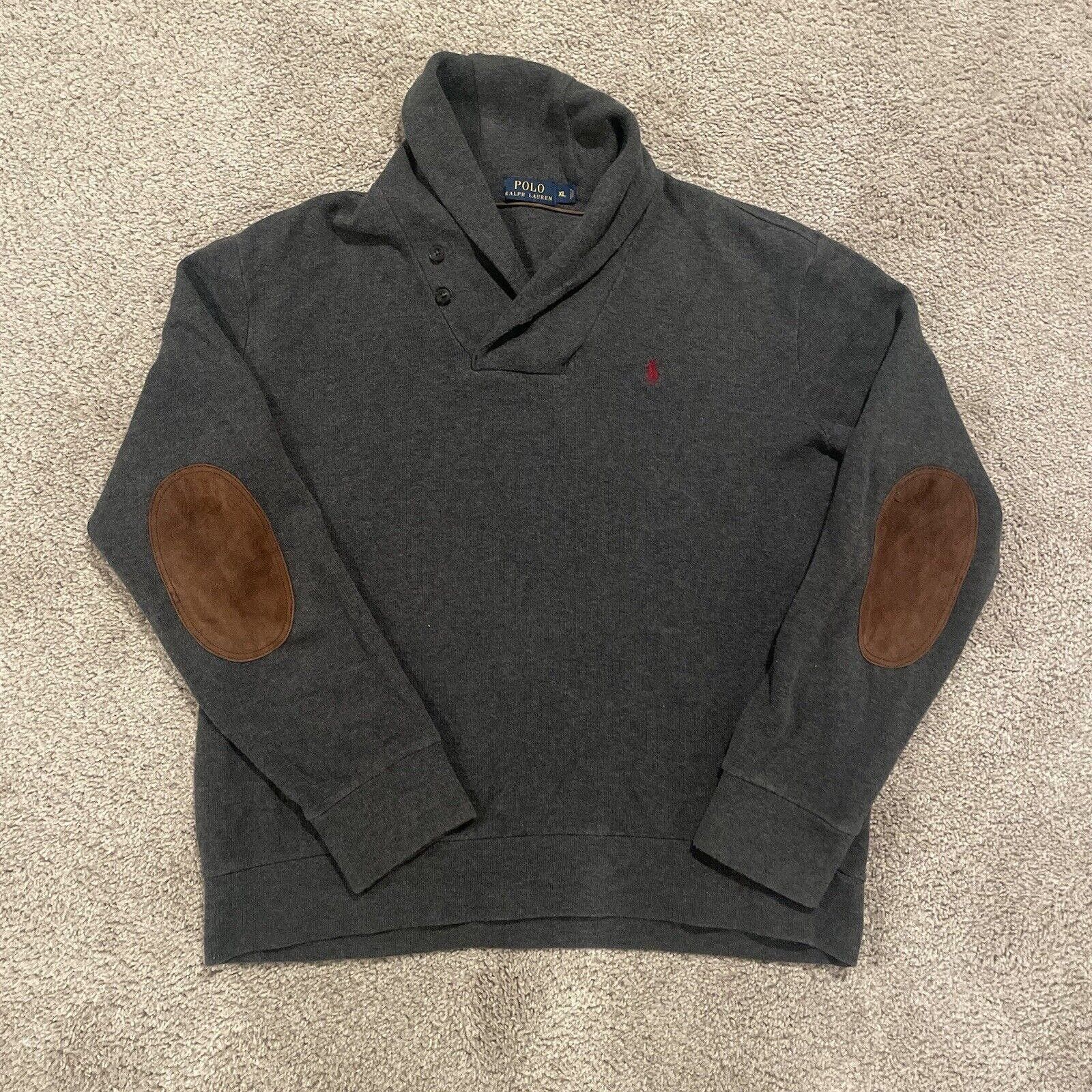 $348! RALPH LAUREN RUGBY GRAY 100% WOOL SHAWL MEN PULLOVER SWEATER ELBOW discount PADS