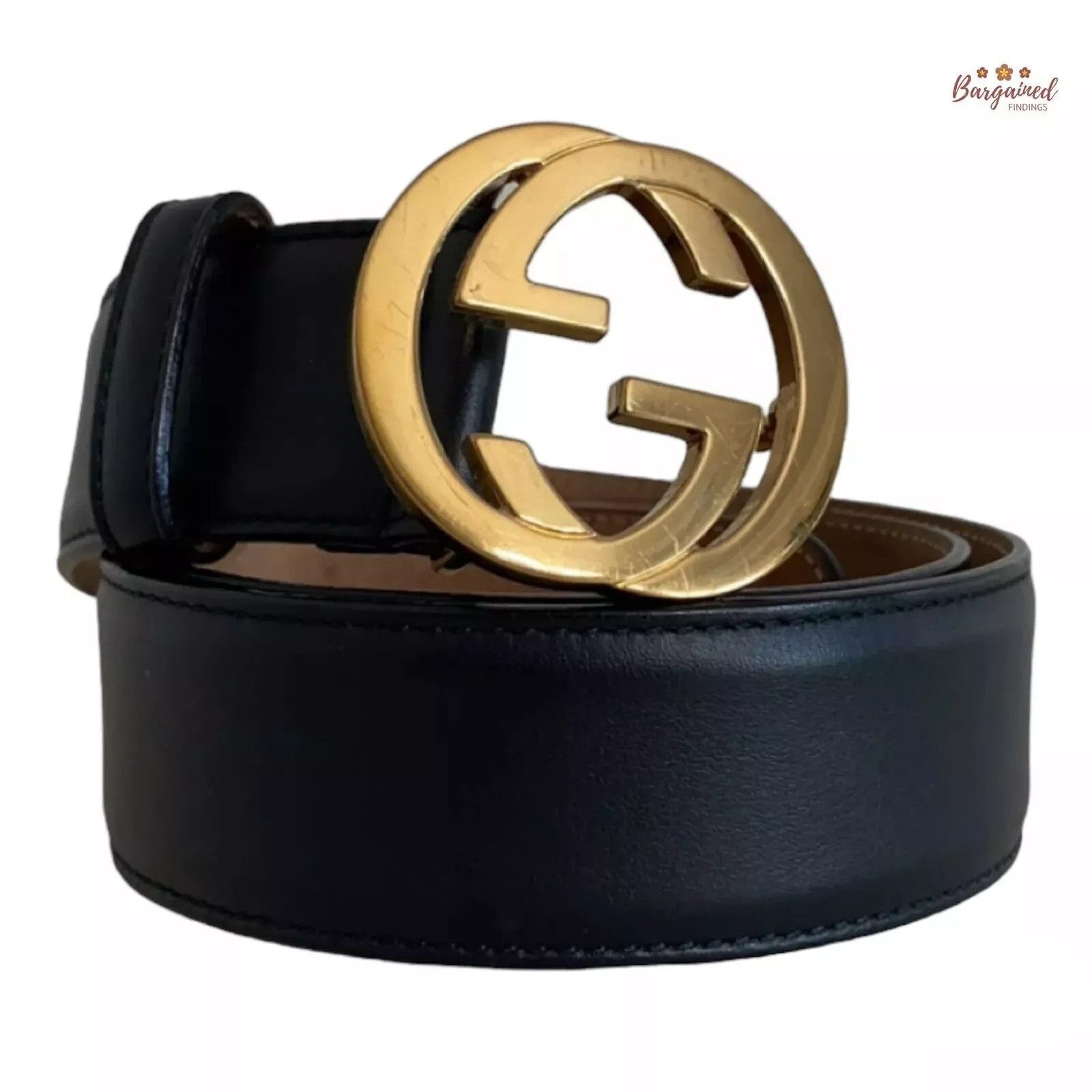 Gucci Gucci Black Calfskin Leather Gold Interlocking G Buckle Belt Size 28 - 1 Thumbnail