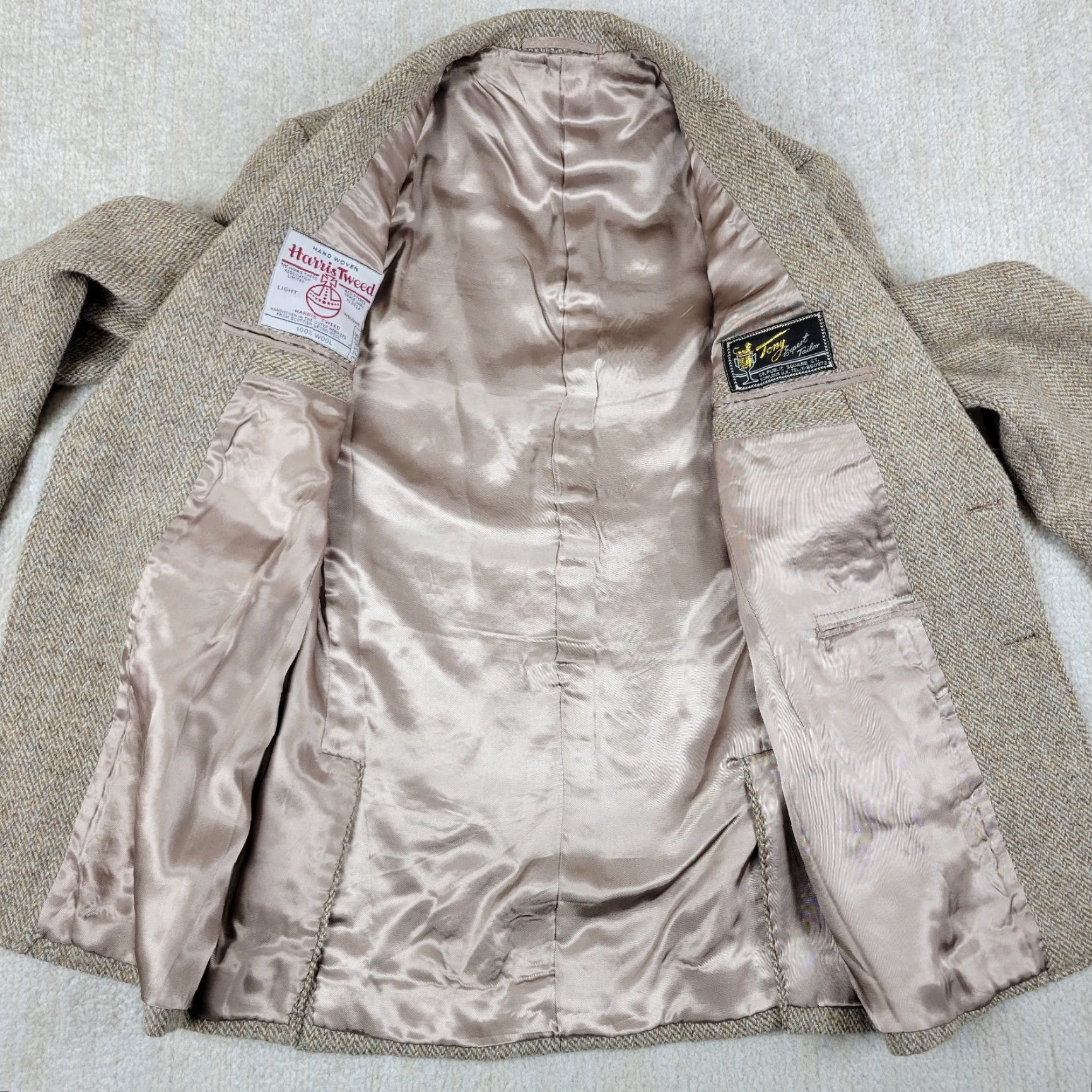 Harris Tweed VTG Harris Tweed Blazer Jacket Mens 38 Beige Herringbone Wool Lined 80s Vintage Classic Wedding Notch Single-Breasted Two-Button Size 38R - 3 Thumbnail