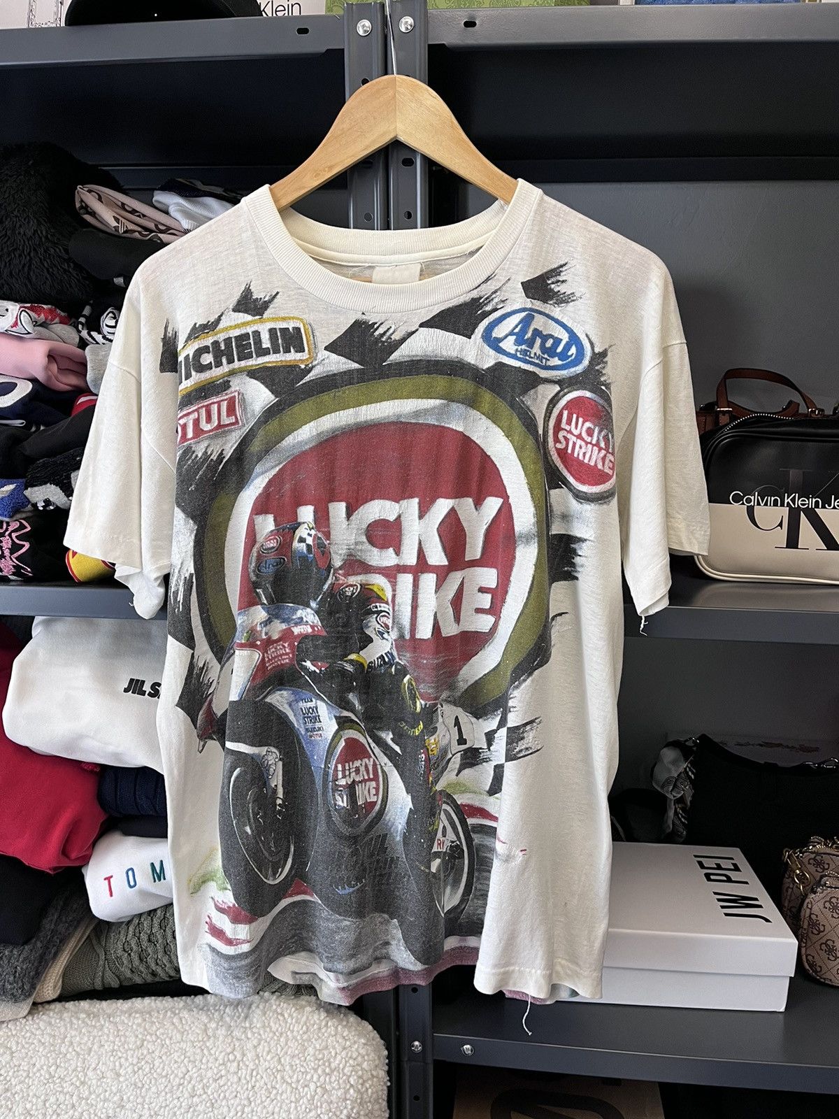 image of Moto x Racing Vintage 90’S Lucky Strike Single Stitch Tee in White, Men's (Size Large)