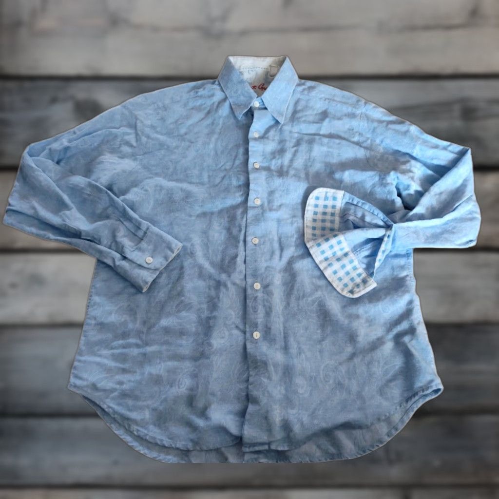 Robert Graham VINTAGE Robert Graham Men's Dress Shirt Long Sleeve Paisley Linen Cotton Classic Fit Blue Size L Size US L / EU 52-54 / 3 - 1 Thumbnail