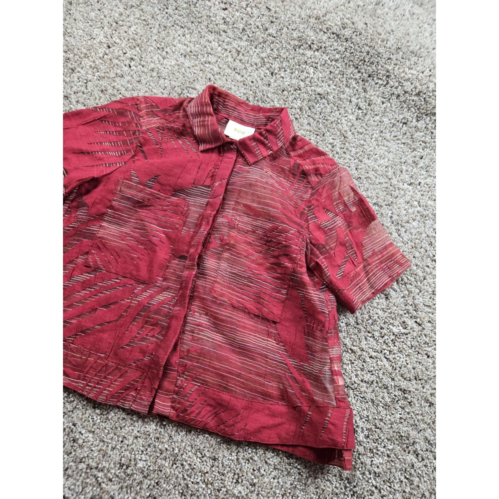 Vintage Maeve Blouse Shirt Womens 0 Red Short Sleeve Button Front Collared Sheer Burnout Casual Size XS / US 0-2 / IT 36-38 - 2 Thumbnail