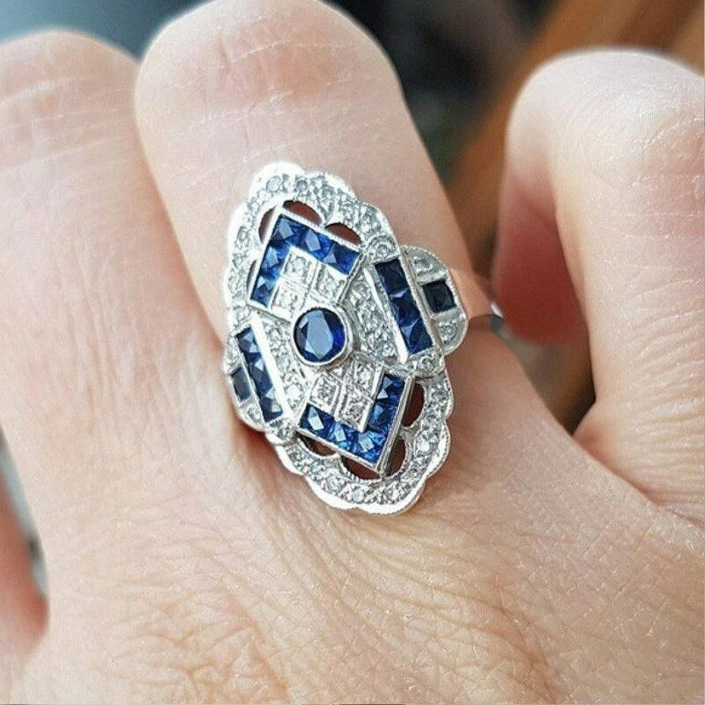 Designer Vintage Blue Sapphire European Silver Art Deco Ring - Size 7 Size ONE SIZE - 7 Thumbnail