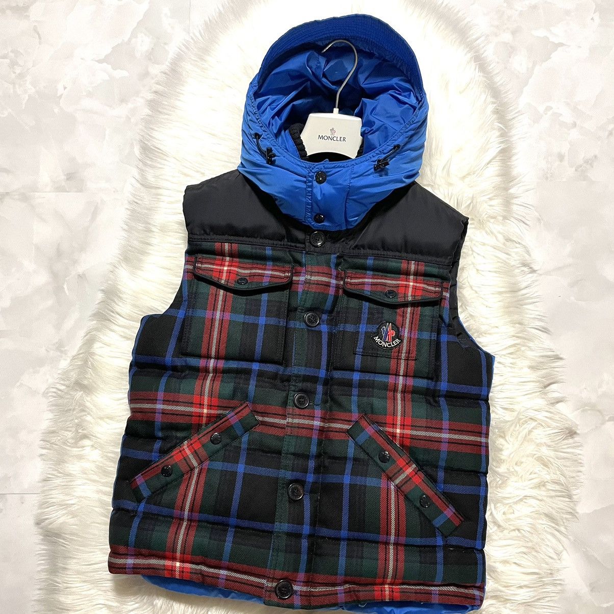 Moncler Moncler Plaid Liberation Hooded Down Vest 1 Blue 