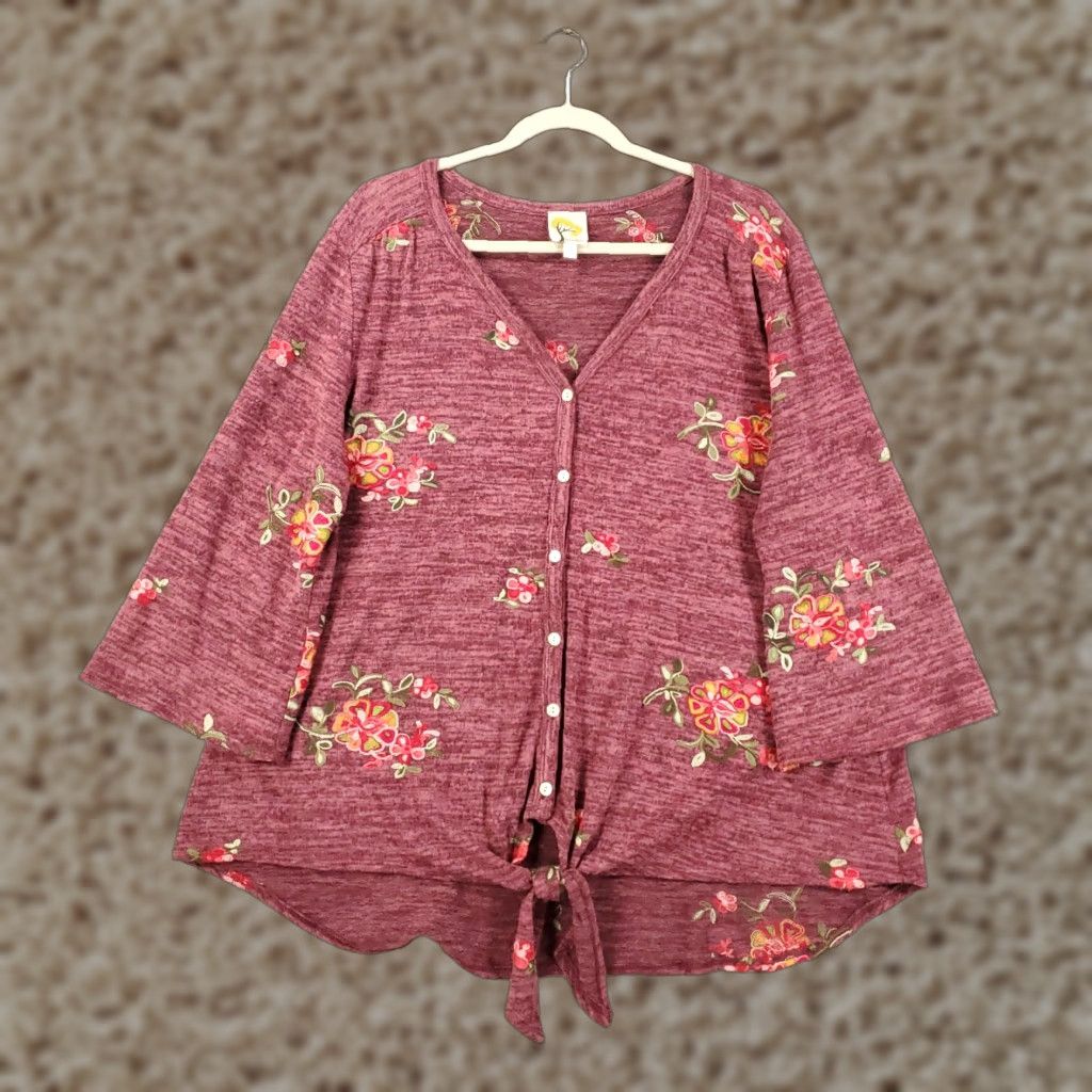 Vintage Figueroa & Flower Blouse Shirt Womens 2X Red Floral Embroidered Tie Front Boho Size XXL / US 16-18 / IT 52-54 - 1 Thumbnail