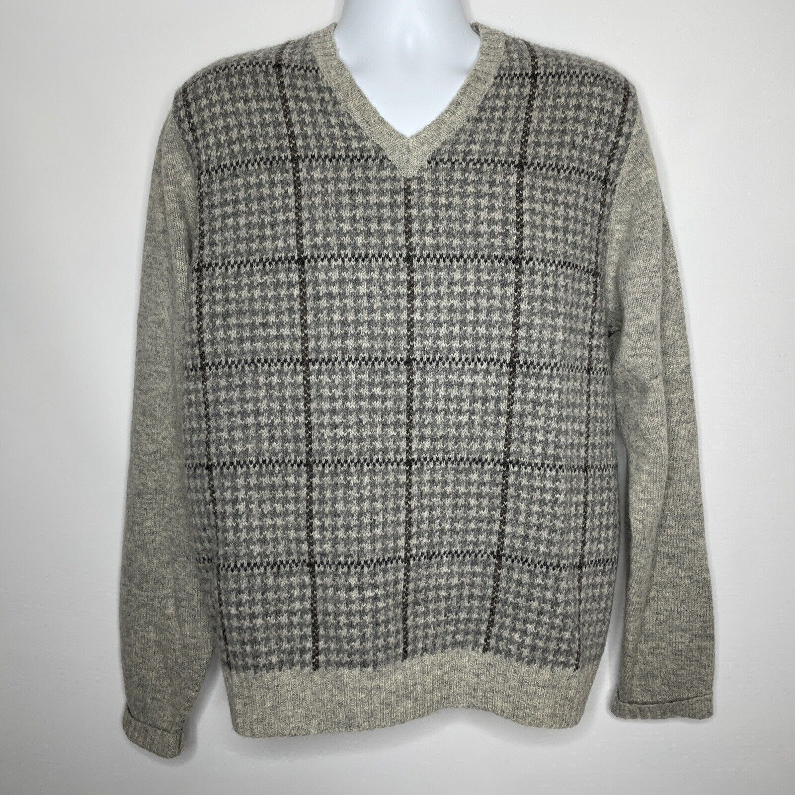 Vintage 80s Gray Shetland Wool Houndstooth Plaid Pullover Sweater Size US L / EU 52-54 / 3 - 1 Preview
