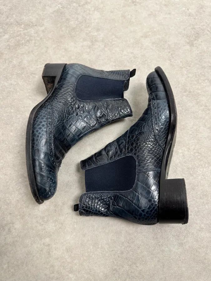 Miu Miu Miu Miu Dark Navy Crocodile Embossed Leather Chelsea Boot Brogue Size US 5.5 / EU 38 - 6 Thumbnail