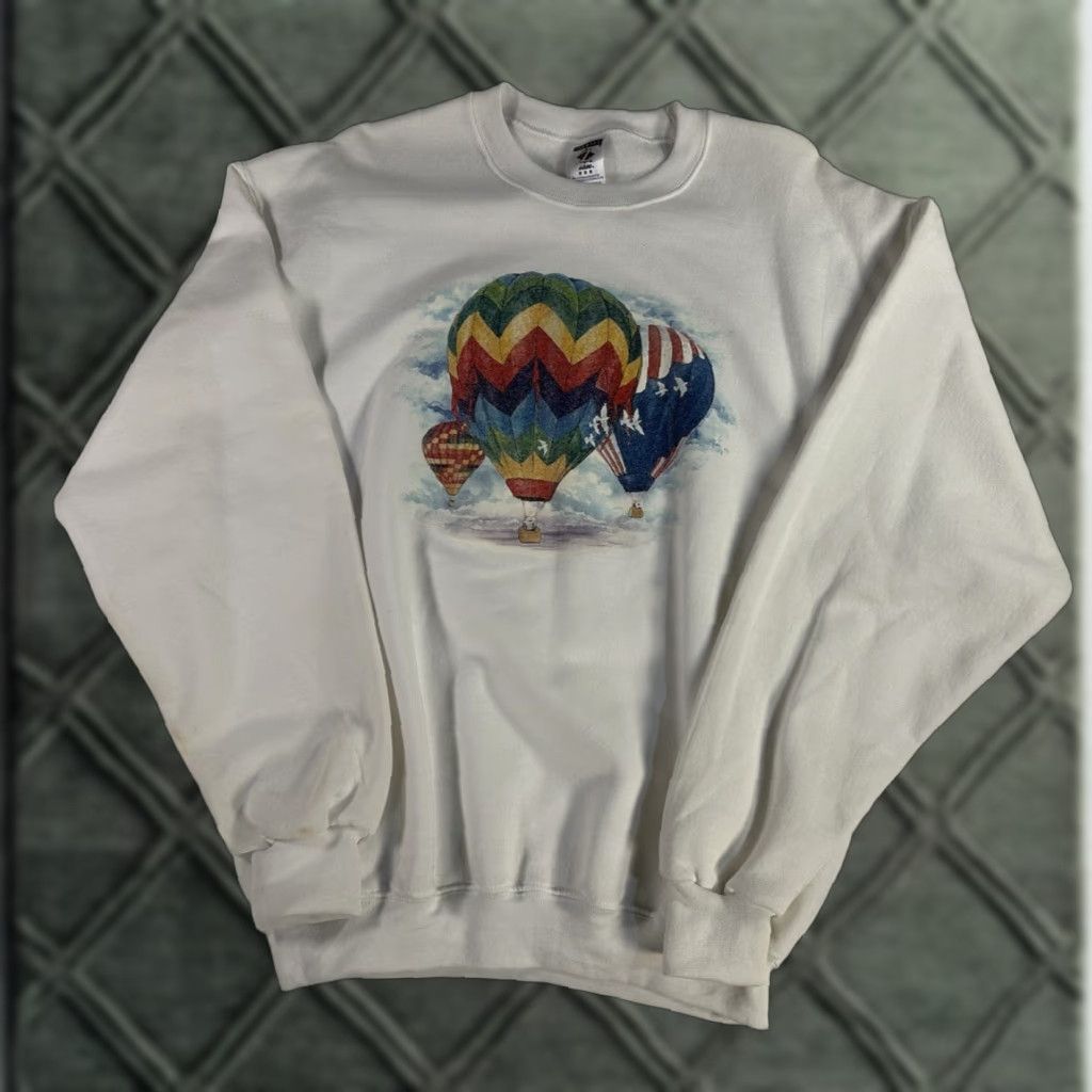 Jerzees VINTAGE Jerzees Sweatshirt White Hot Air Balloons USA M Medium Women's Pullover Crew Neck Cotton Fleece Long Sleeve Size M / US 6-8 / IT 42-44 - 1 Thumbnail