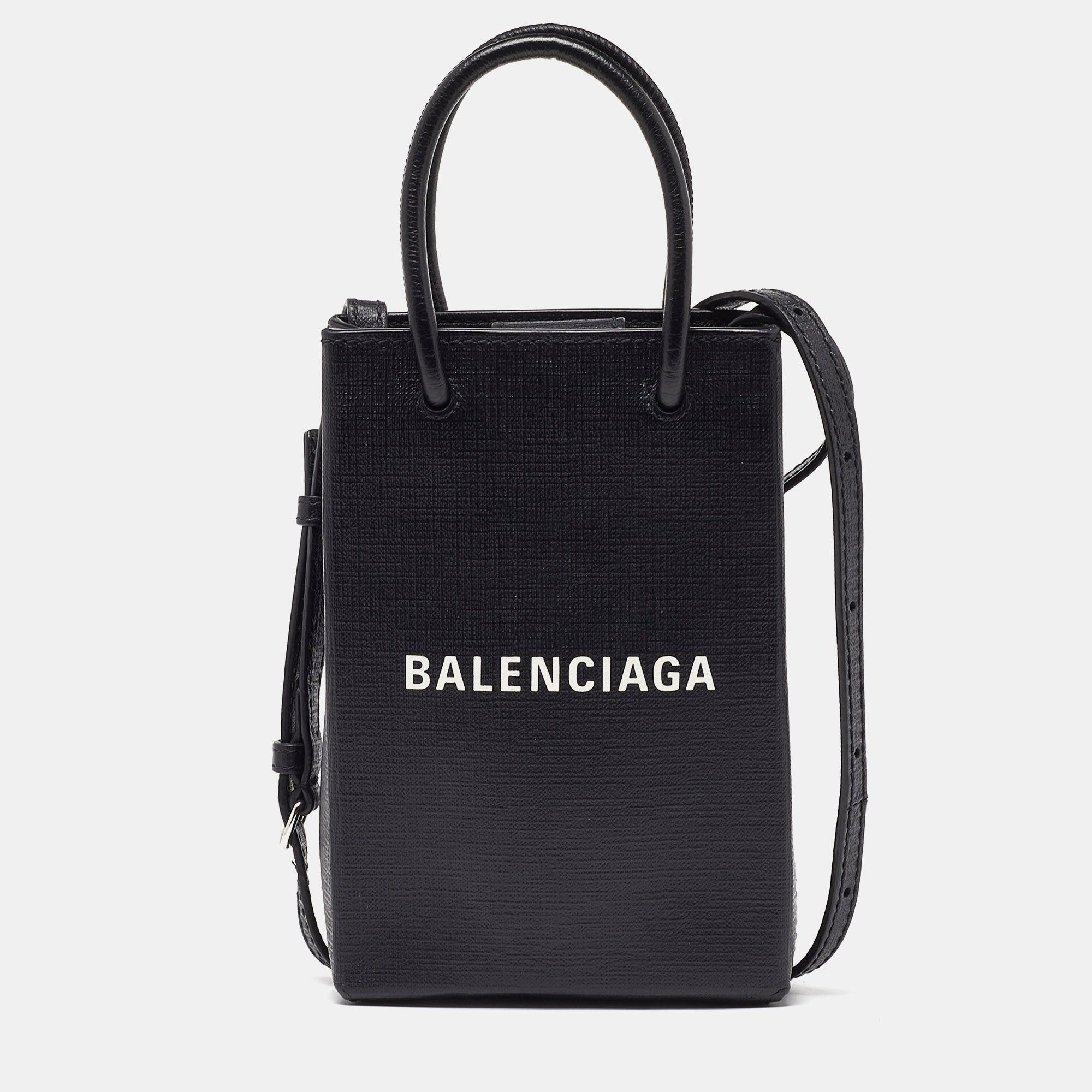 image of Balenciaga Black Leather Phone Holder Crossbody Bag, Women's