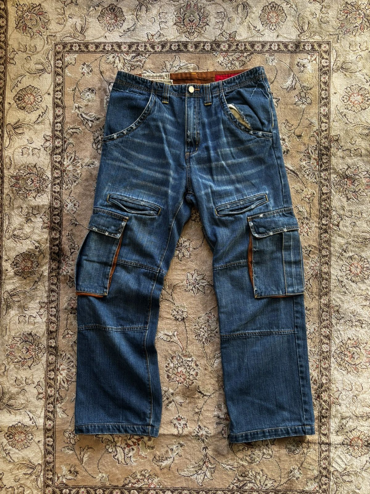 Image of Vintage Denim Distressed Cargo Pants in Blue, Men's (Size 33)