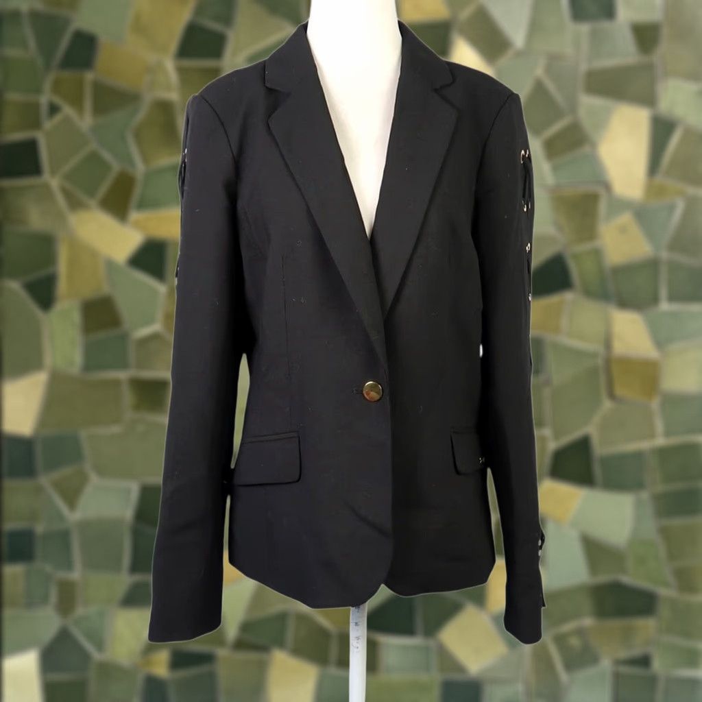 Calvin Klein Calvin Klein Black Blazer Jacket w/ Lace-Up Sleeves 8 Womens Block Color Solid Long Sleeve Blazer Size M / US 6-8 / IT 42-44 - 1 Thumbnail