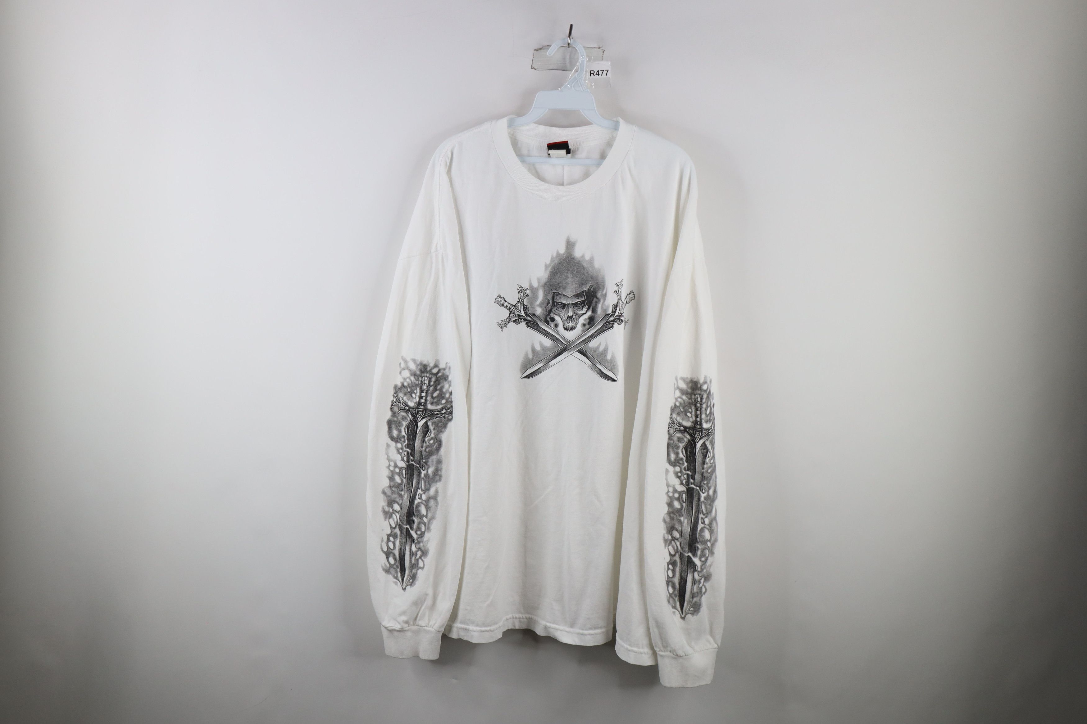 image of Vintage Y2K Streetwear Skeleton Flames Long Sleeve T-Shirt in White, Men's (Size 2XL)