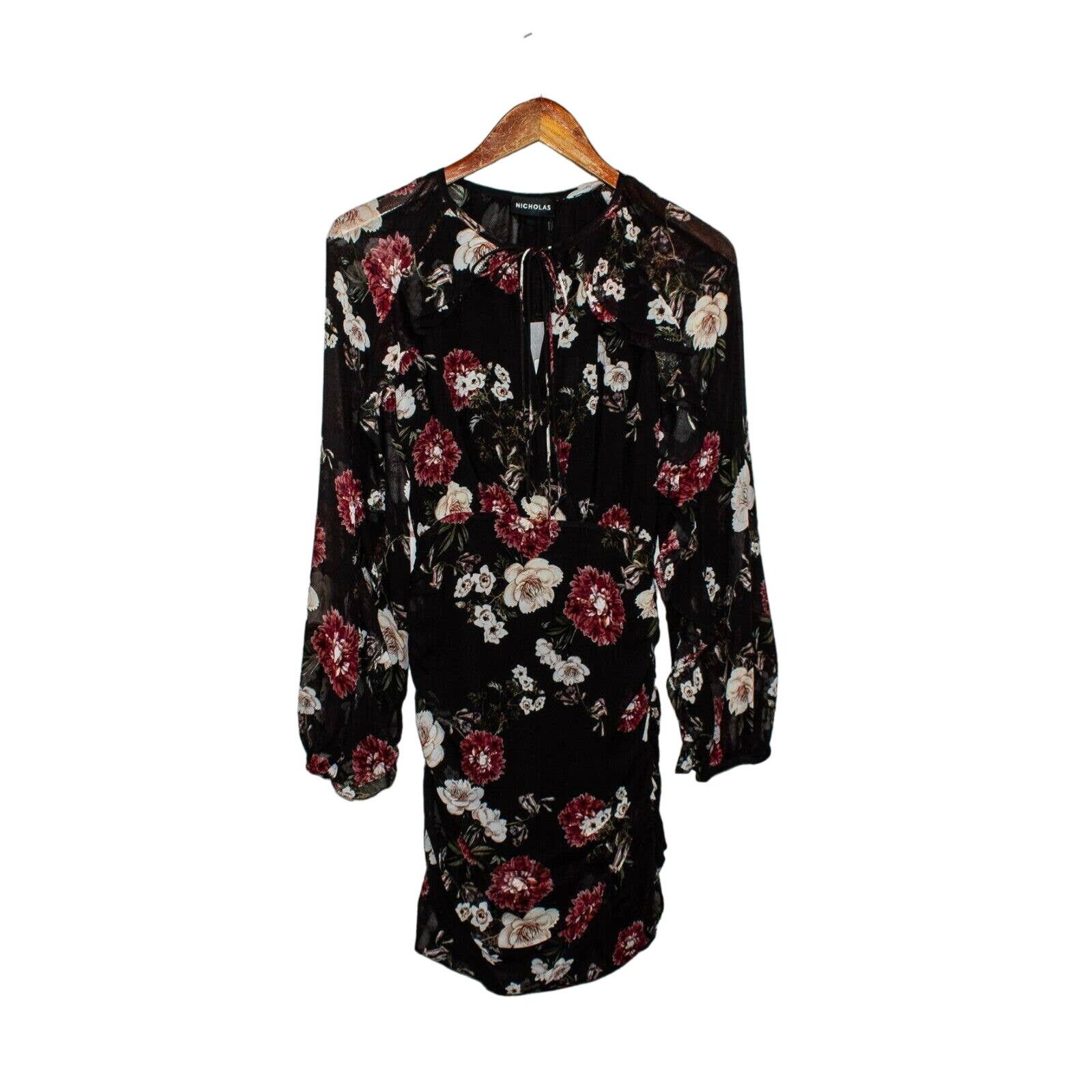 NICHOLAS NICHOLAS Black Burgundy Floral Cascade Ruched Mini Dress Size XS / US 0-2 / IT 36-38 - 8 Thumbnail